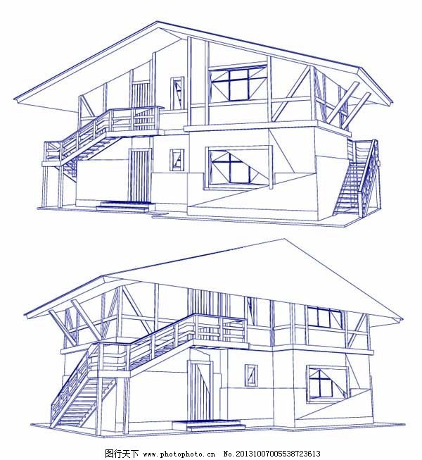 二层别墅绘制图免费下载 建筑绘制图 房屋线性图 立体绘制图 矢量图