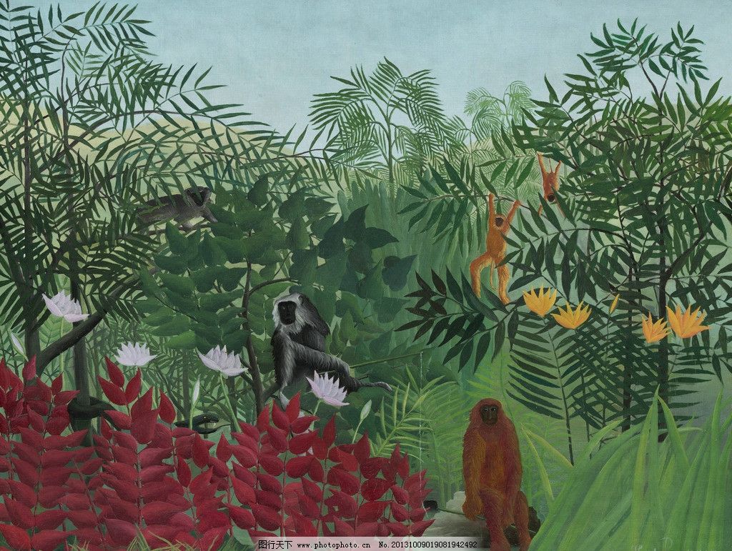 亨利·卢梭作品 油画作品 著名油画 世界名画 国外油画 西方古典油画 油画 艺术 热带森林 森林 猴 猴子 动物艺术 亨利卢梭 朴素艺术 国家艺术馆 后印象派 亨利·卢梭 绘画书法 文化艺术 设计 46DPI JPG