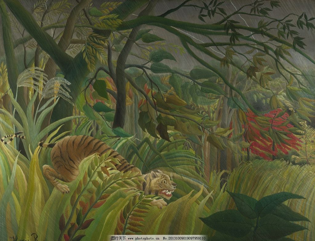 风景油画 油画作品 著名油画 世界名画 国外油画 西方古典油画 油画 艺术 动物艺术 森林 闪电 霹雳 暴风 虎 亨利卢梭 朴素艺术 国家美术馆 后印象派 亨利·卢梭 绘画书法 文化艺术 设计 72DPI JPG