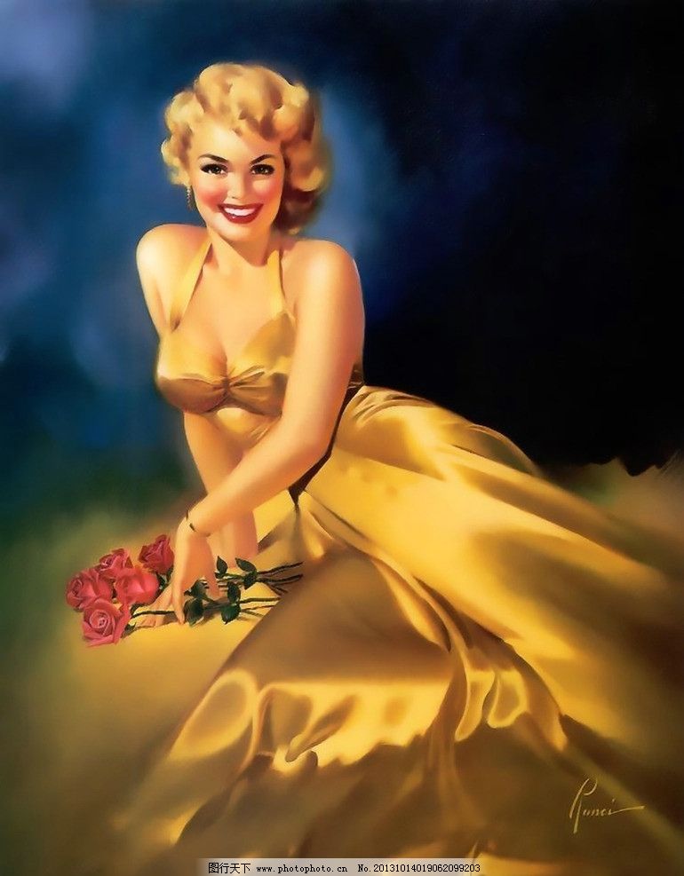 欧美复古招贴画 复古欧美美女 插画设计素材 欧美美女 复古美女 人物 绘画 美女招贴画 绘画书法 文化艺术 设计 Pin up girl 欧美复古美女招贴画 女性妇女 人物图库 性感 美女 金色 礼服 花 72DPI JPG