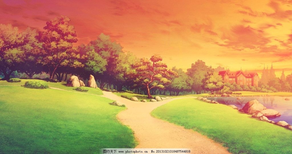 动漫风景 晚霞 树林 石头 小路 动漫场景 手绘 数字绘画 艺术