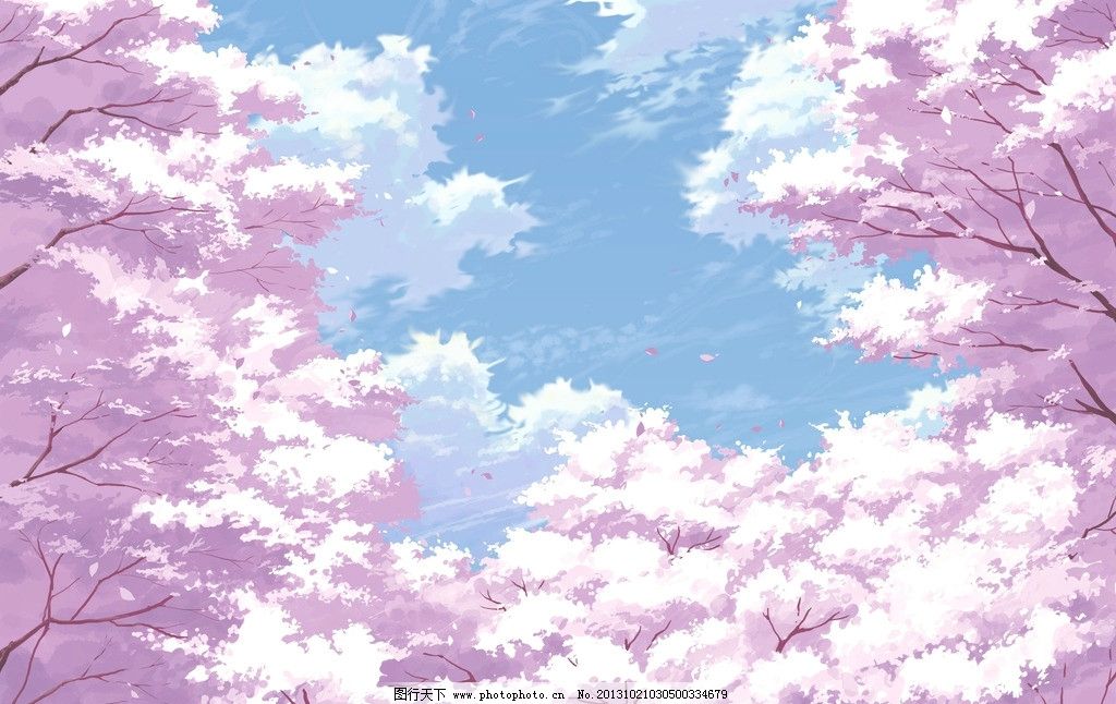 动漫风景 蓝天 白云 樱花 唯美 动漫场景 手绘 数字绘画 艺术