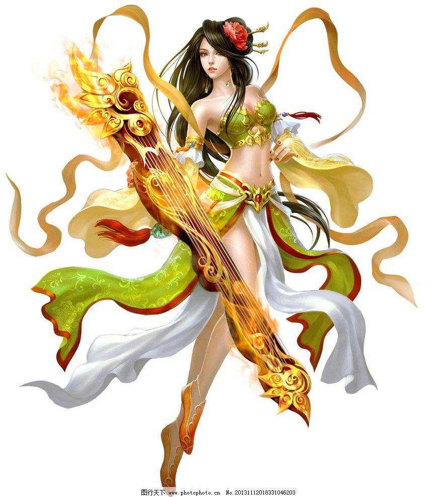古典美女 游戏人物 游戏角色 游戏原画 手绘美女 设计素材 古筝
