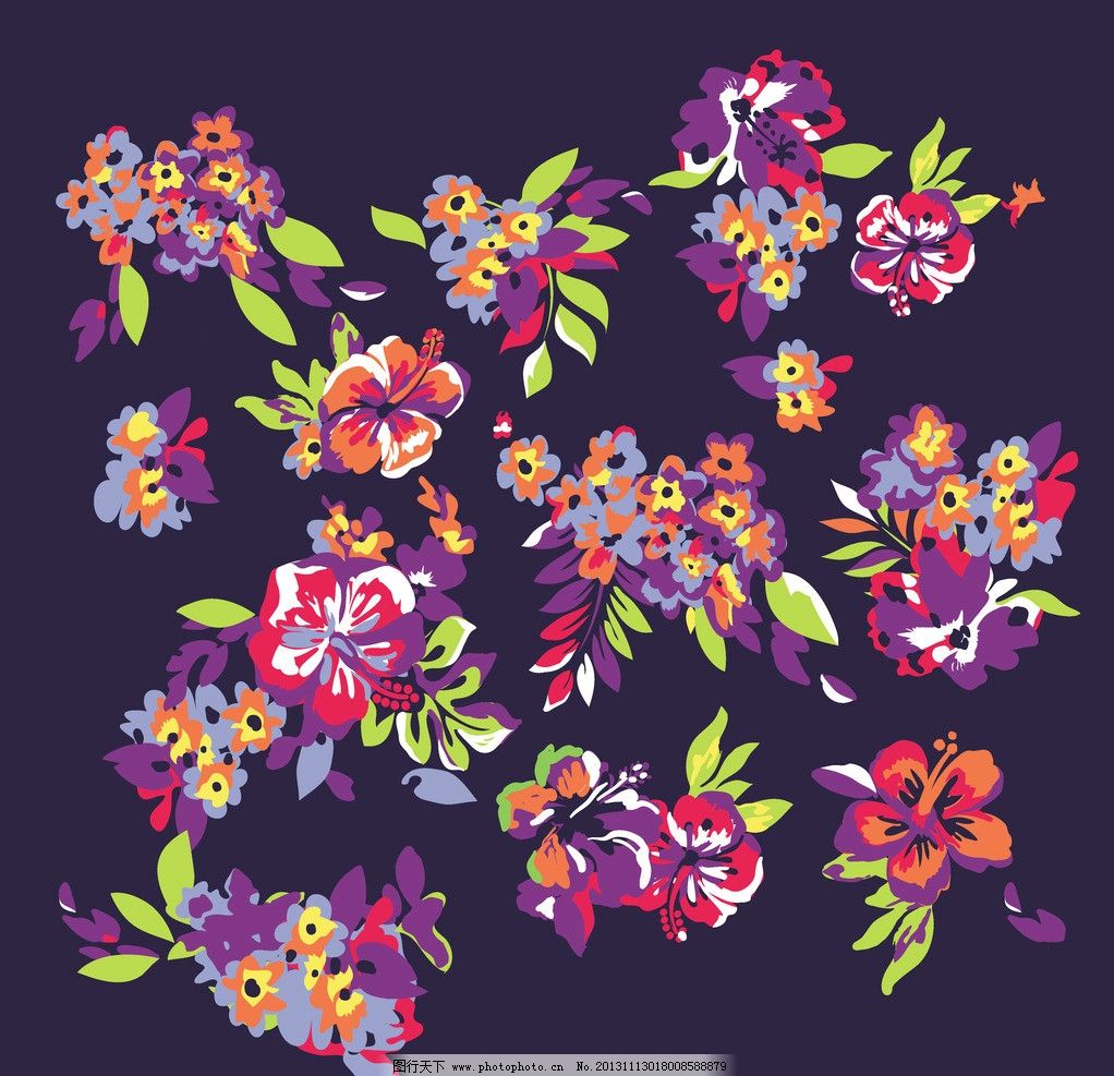 彩色花朵 叶子 花素材下载 印花 欧式花 素色花 色块花 花草