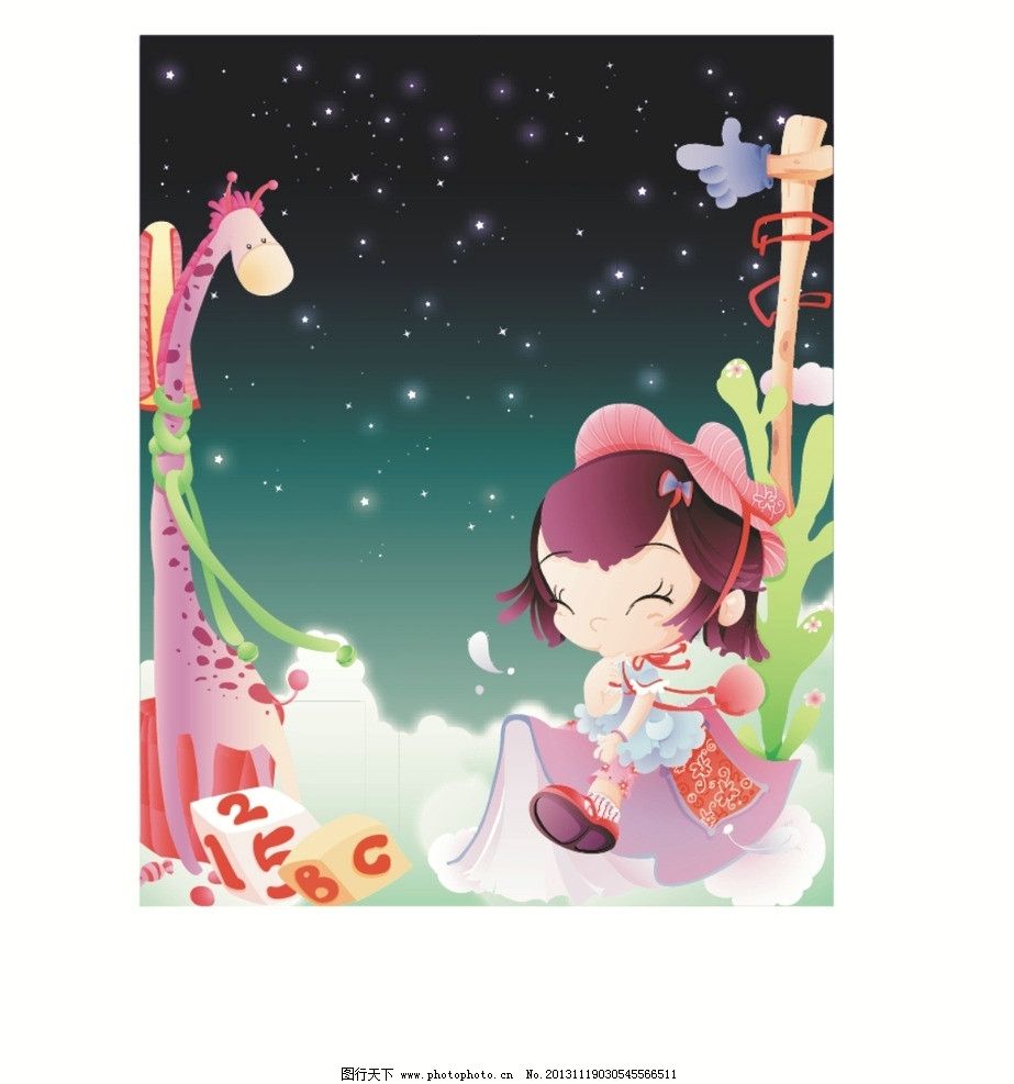 卡通画 星空 夜晚 卡通女孩 女孩头像 儿童印花 服装印花 图案