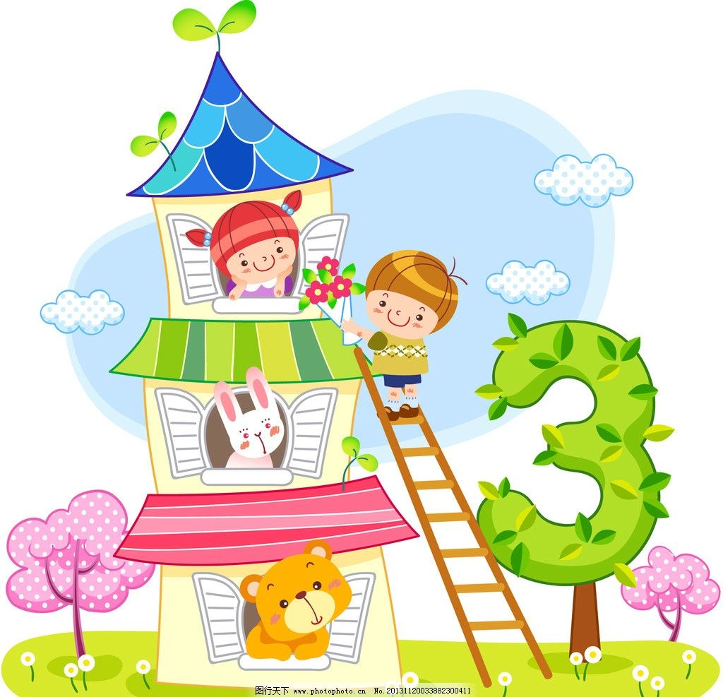 爬楼梯送花的小男孩 城堡 小兔子 小熊 小孩 绿树 大树 树木 房子 绿草 绿叶 鲜花 花朵 草地 插画 水彩 背景画 图画素材 童话世界 背景素材 卡通人物 梦想世界 儿童世界 卡通设计 幼儿卡通 矢量卡通插画 矢量素材 其他矢量 矢量 EPS