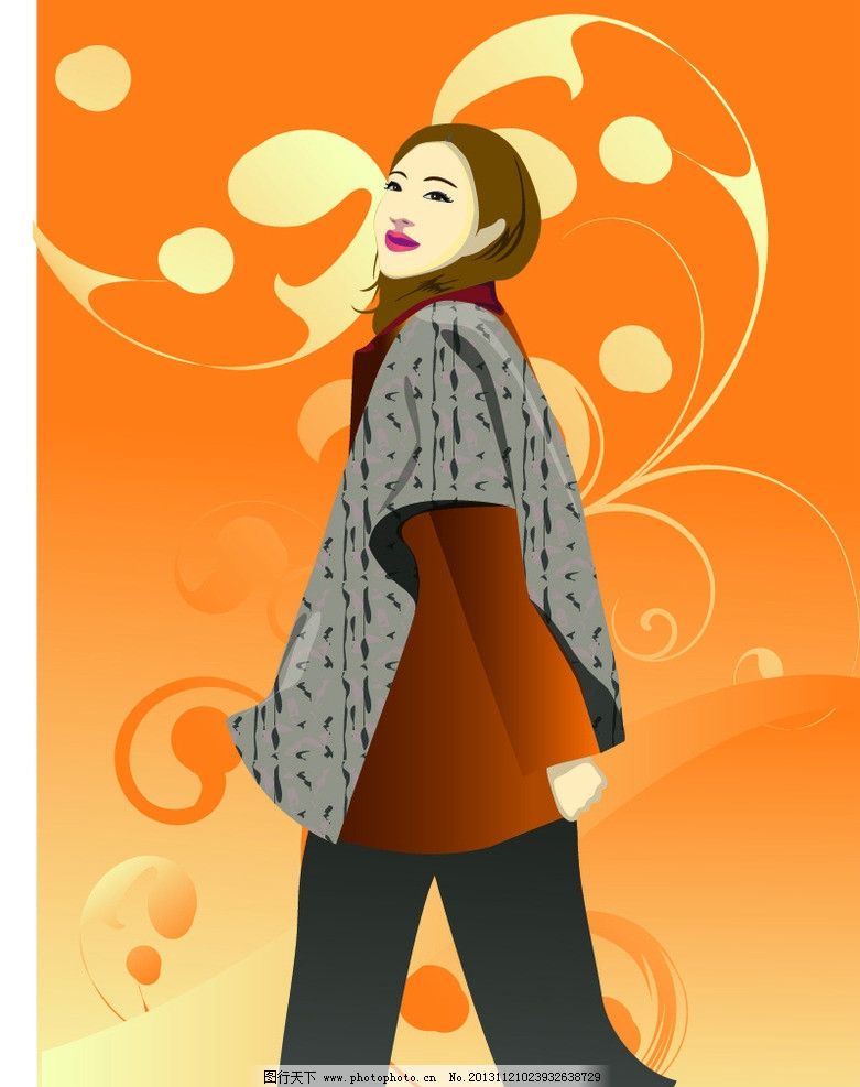 时尚女人 卡通美女 时尚 女性 女人 人物 背景 橙色 底纹 欧式花纹