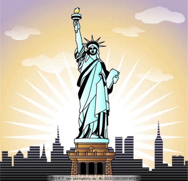 美国自由女神像图片,白云 城市 城市建筑 发光 
