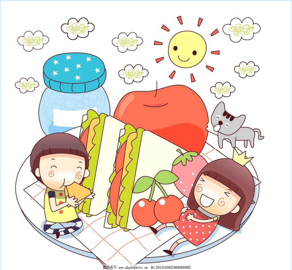 猛吃蛋糕的男孩女孩 盘子 蛋糕 三明治 草莓 樱桃 苹果 椒盐瓶 小猫 云朵 太阳 插画 水彩 背景画 卡通 图画素材 童话世界 背景素材 卡通人物 儿童 儿童世界 卡通设计 幼儿卡通 矢量卡通插画 矢量素材 其他矢量 矢量 AI