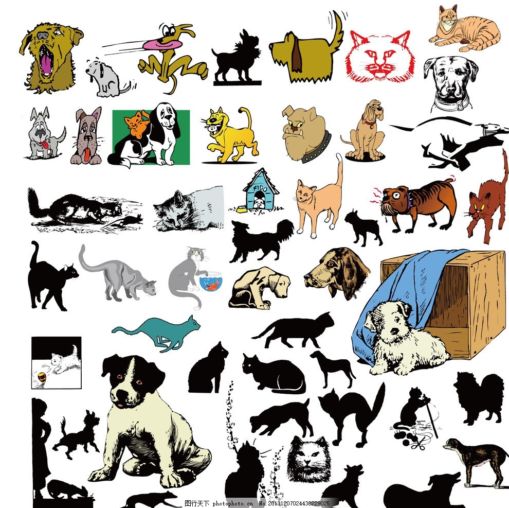 猫狗卡通手绘生活图案 猫狗 可爱生活 情趣 休闲 剪影 表情 动物图形