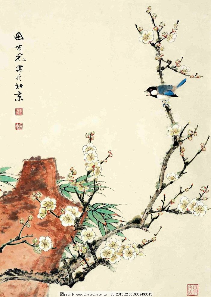 梅雀图图片,美术中国画花鸟画梅花鸟儿石头-图