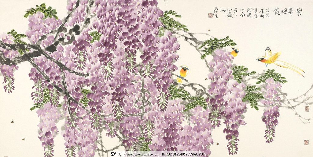 紫藤美术中国画水墨画花鸟画紫藤花麻雀国画艺术国画集63_三利网
