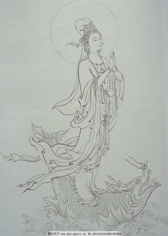 观音菩萨 观自在菩萨 工笔画 绘画 美术 白描 线描 李云中 传统人物画